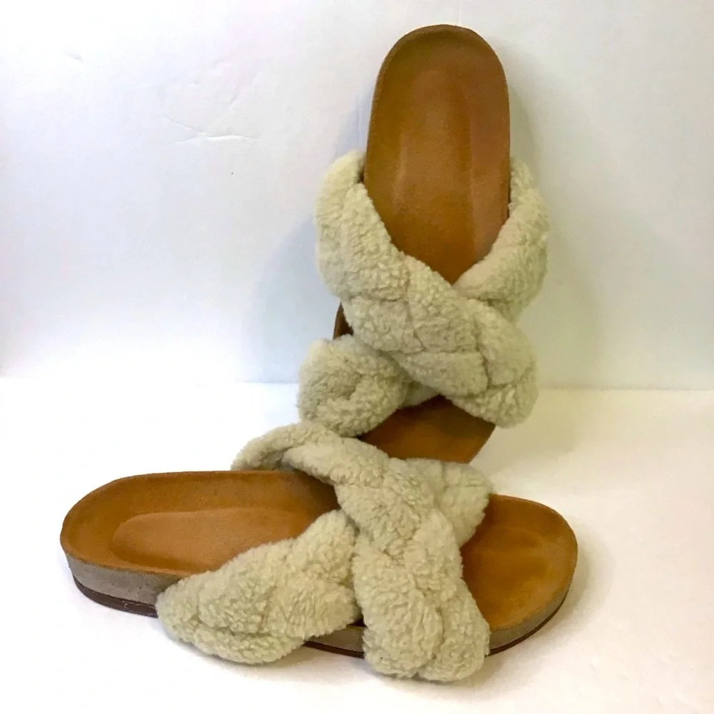 Johanna Ortiz Cream Sherpa Braided Crisscross Slide Cork Sole Sandals 37 - Picture 2 of 6